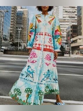 FARM RIO tie dye rainbow patchwork maxi dress long sleeves button down colorful